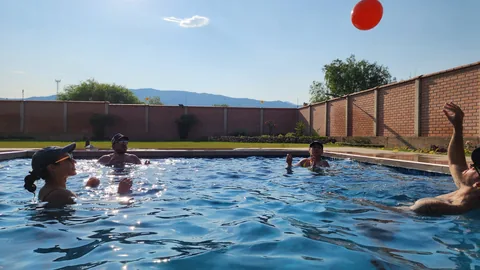Amigos compartiendo una partida con pelota en la piscina